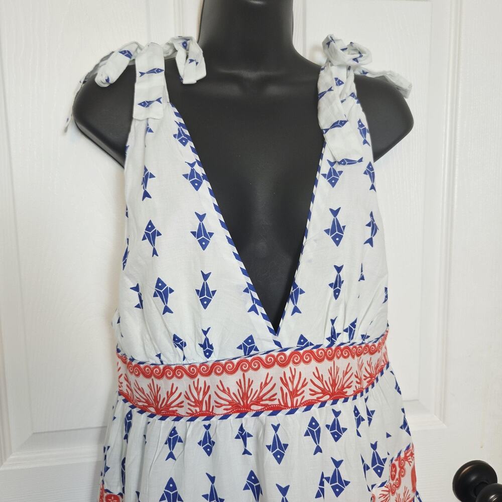 Farm Rio Dress Womens M White Blue Fish Coral Tiered Sundress Tie Strap Beach - Picture 2 of 15